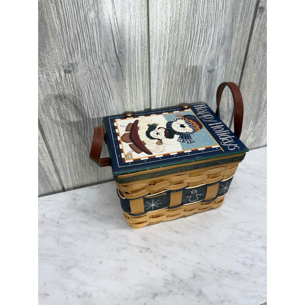 Susan Beach Happy Holidays Woven Wood Basket Polar Bear Snowman Winter Decor 8x6